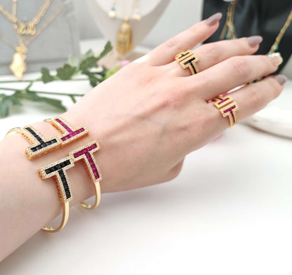 18 Karat vergoldetes ✨ Armband, Doppel-T-Ring mit Zirkonia🪨